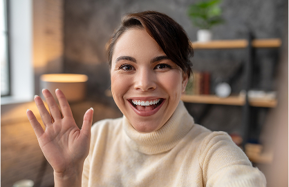 pov entrepreneur talking camera interview office online coach waving hand 2